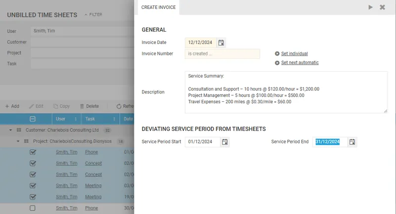 Billing process with prepared service data
