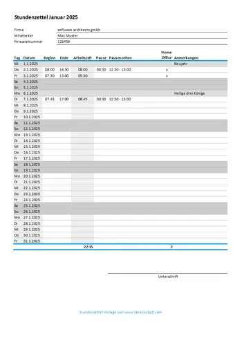 Stundenzettel Muster